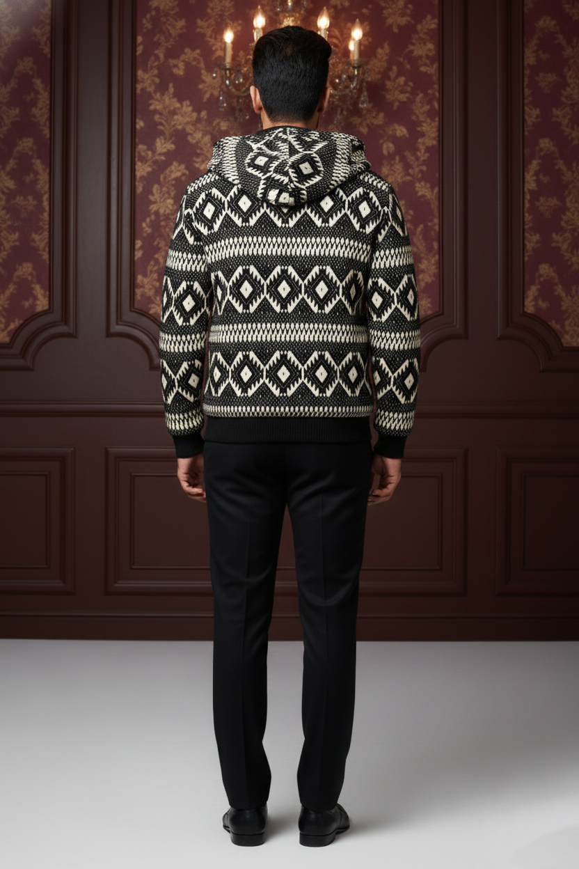 Men's Premium Geometric Knit Hooded Bomber Jacket , Patterned Full-Zip Winter Cardigan with Ribbed Cuffs