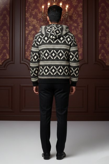 Men's Premium Geometric Knit Hooded Bomber Jacket , Patterned Full-Zip Winter Cardigan with Ribbed Cuffs