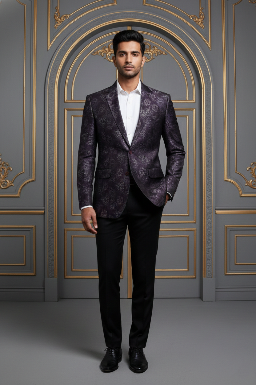 Dark Purple Paisley Double-Breasted  Blazer