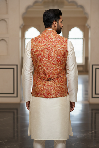 Royal Rust & Gold Paisley Silk Nehru Jacket with Notch Lapel