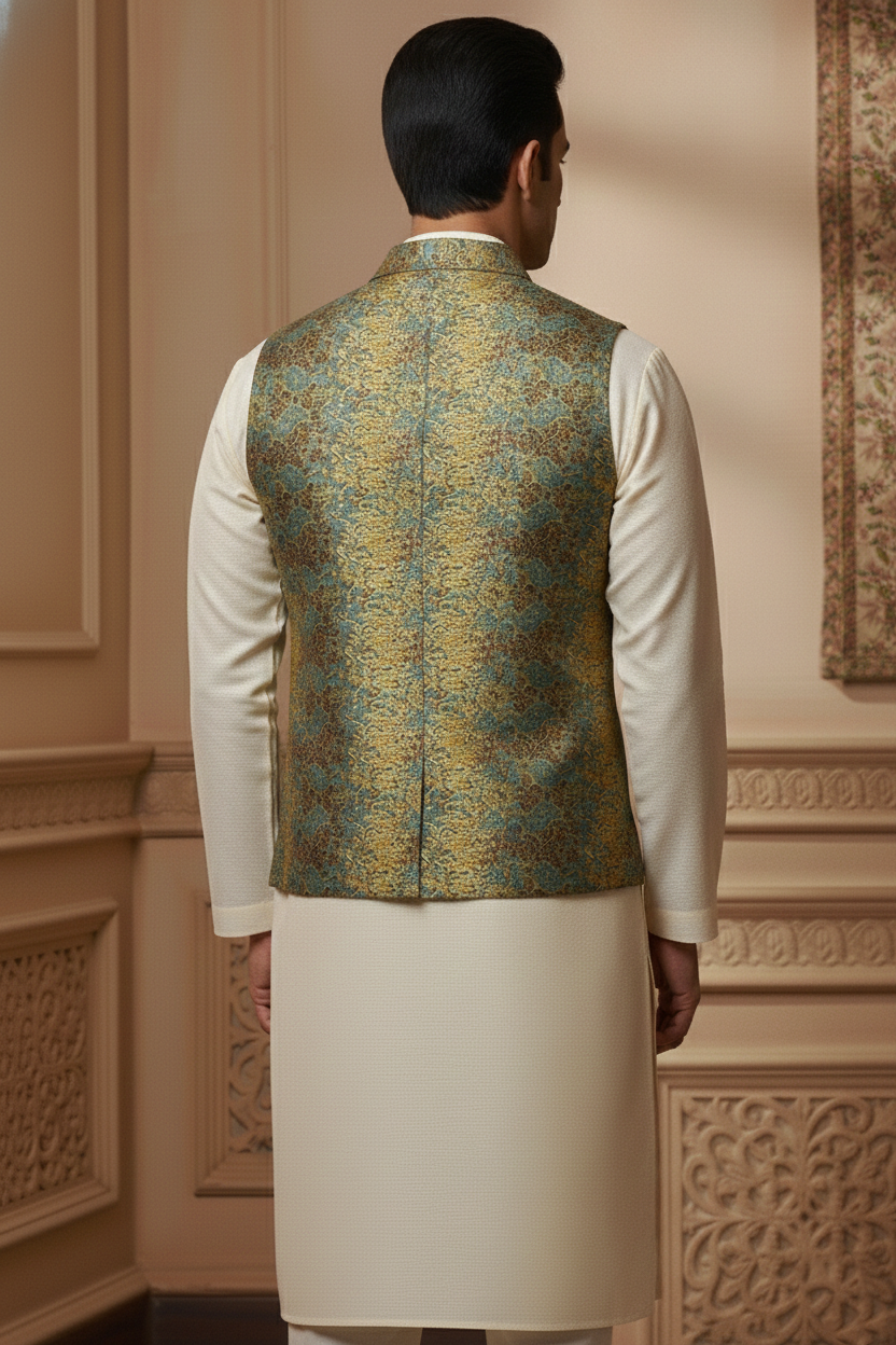 Men’s Yellow, Blue & Brown Jacquard Silk Waistcoat with Notch Lapel | Slim Fit Festive Vest