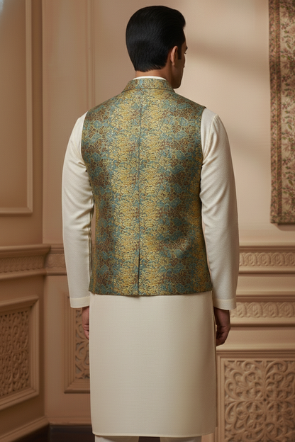 Men’s Yellow, Blue & Brown Jacquard Silk Waistcoat with Notch Lapel | Slim Fit Festive Vest