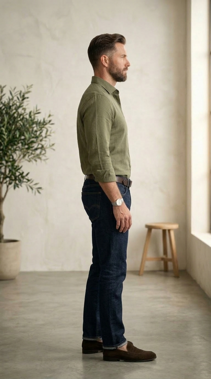 Men'sPremium Linen-Blend Button-Down Shirt in Olive Drab