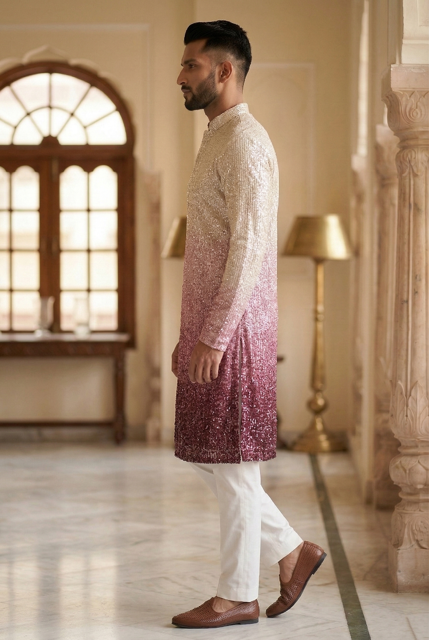 Men'sOmbre Sequin Designer Kurta Pajama in Wine & Cream