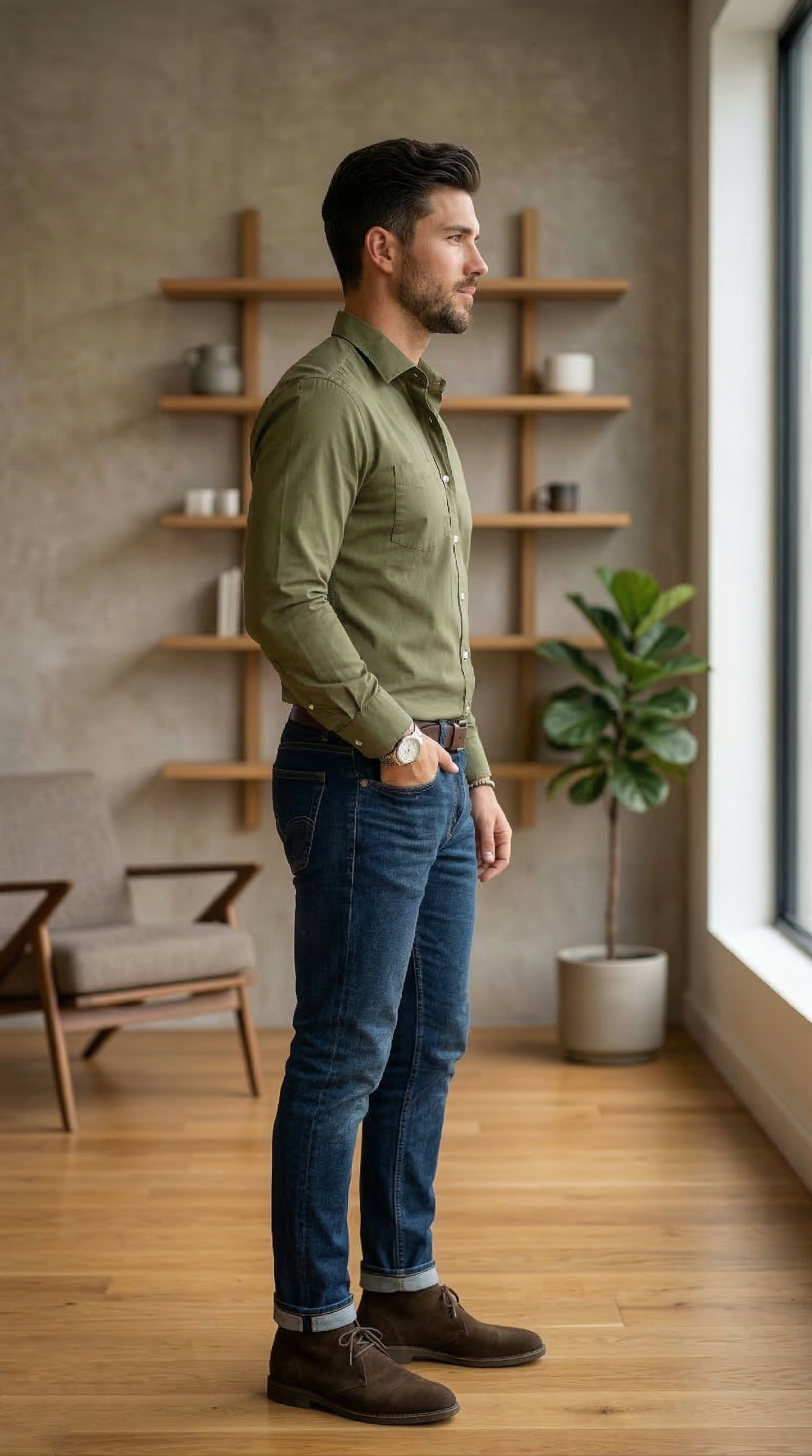 Men'sModern Olive Poplin , The Versatile Casual Essential
