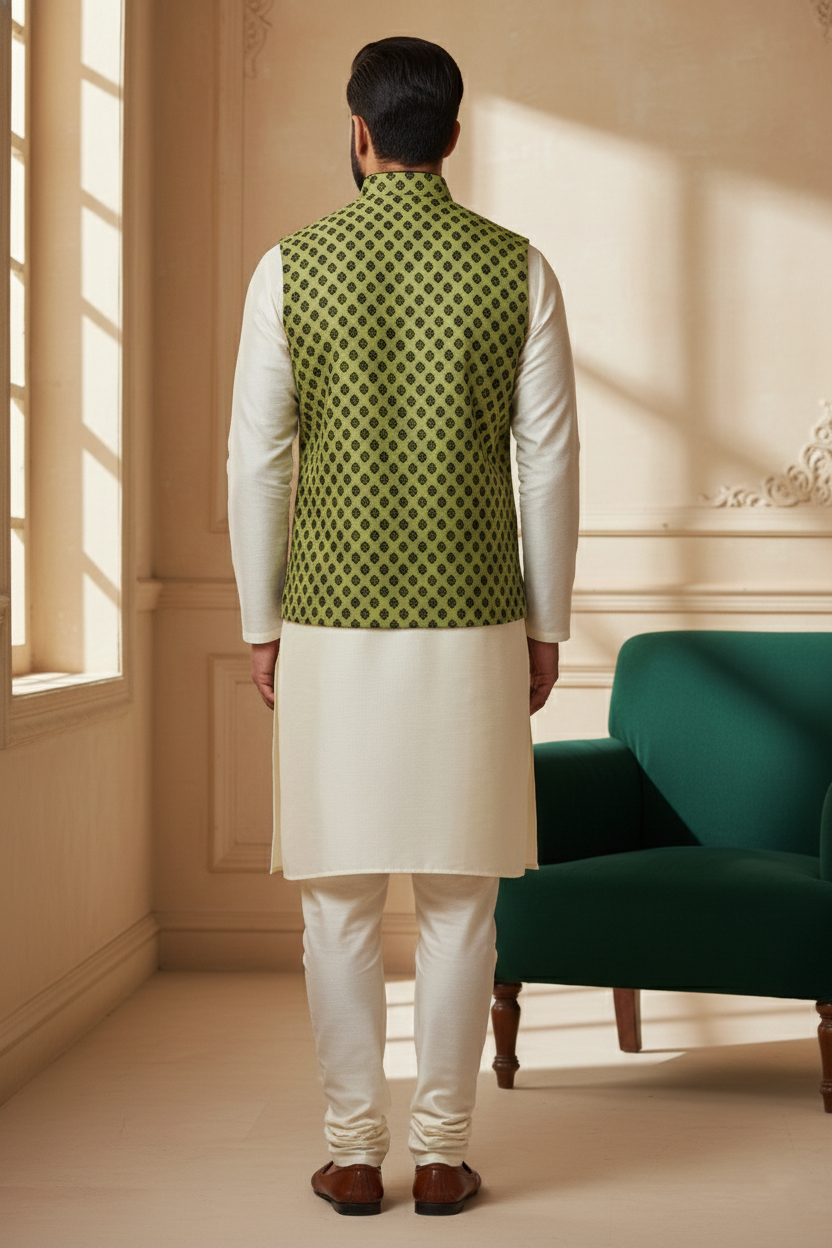 Men’s Olive Green Printed Nehru Jacket Kurta Pajama