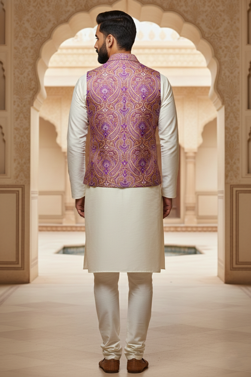 Men’s Purple Brocade Nehru Jacket | Ethnic Wedding Festive Party Wear Mandarin Collar Sleeveless Waistcoat for Kurta & Indo-Western Outfit