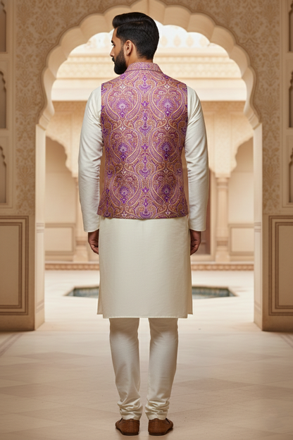 Men’s Purple Brocade Nehru Jacket | Ethnic Wedding Festive Party Wear Mandarin Collar Sleeveless Waistcoat for Kurta & Indo-Western Outfit