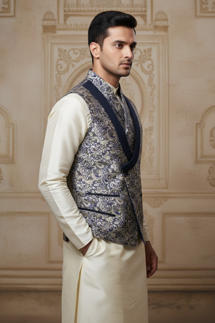 Men’s Navy Blue Paisley Designer Waistcoat | Festive & Party Wear Slim Fit Vest