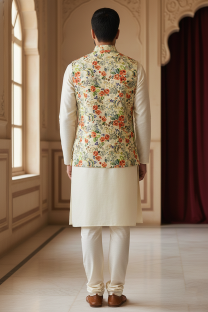 Title: Floral Tapestry: The Ivory and Multi-Chrome Nehru Ensemble