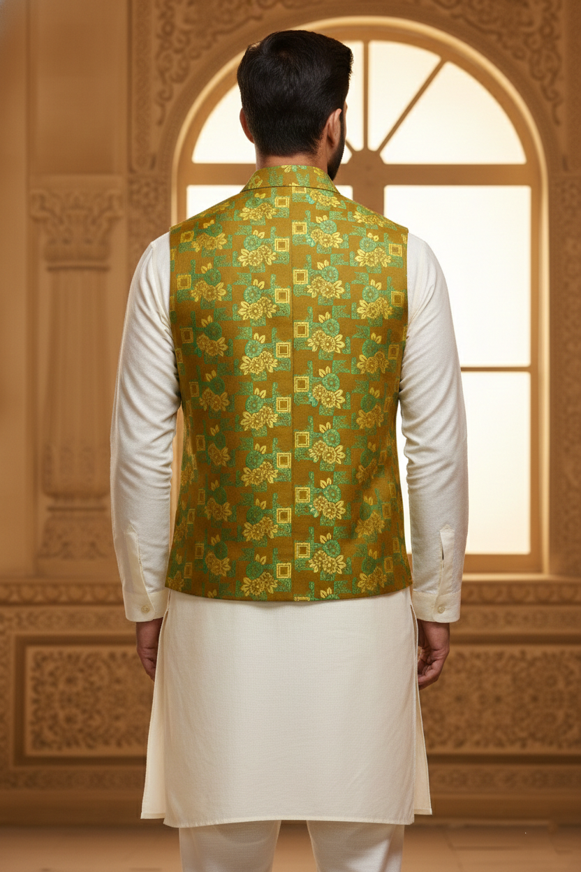 Men’s Brown Floral Designer Waistcoat | Yellow & Green Pattern Slim Fit Vest