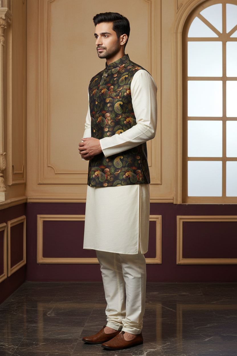 Imperial Heritage: The Midnight Gold Paisley Nehru Jacket