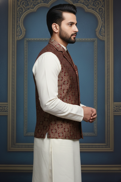 Men’s Maroon Designer Printed Waistcoat | Slim Fit Festive & Party Wear Vest