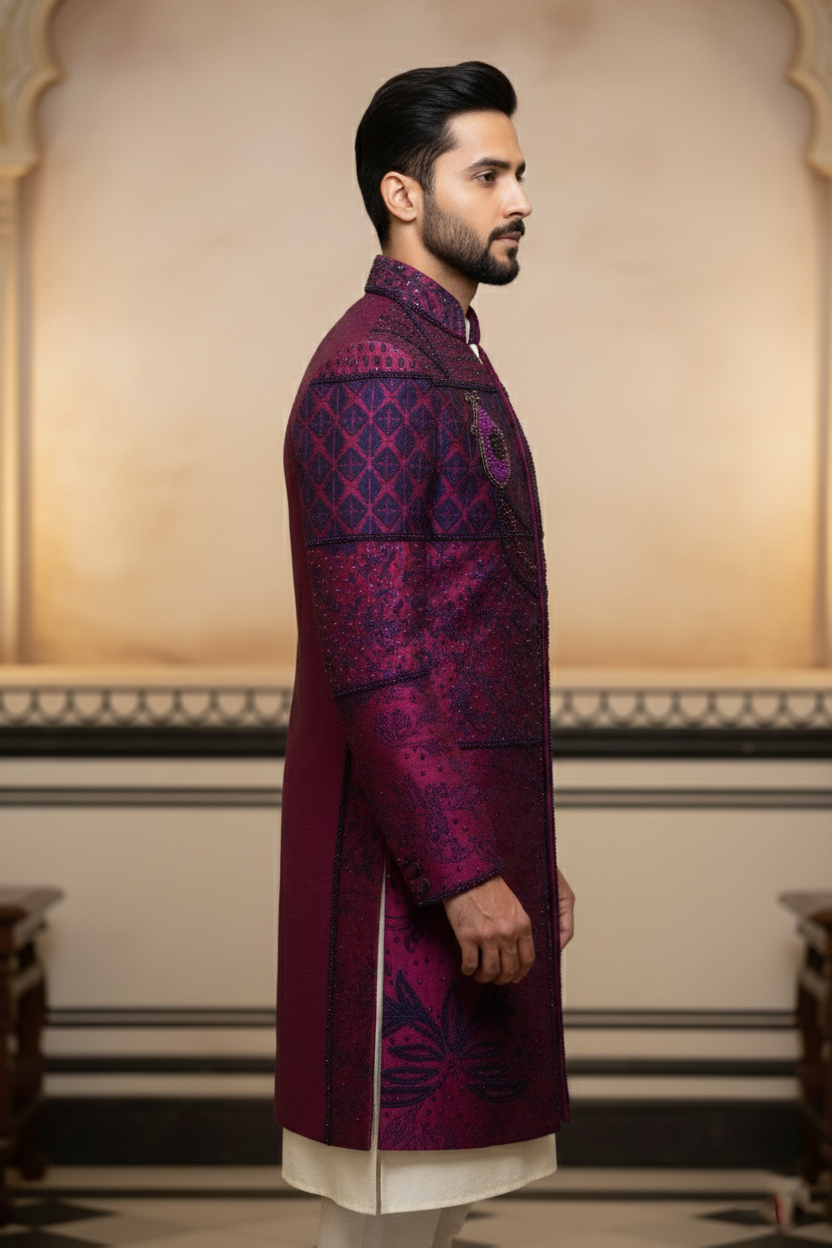 Men'sWine Embroidered Designer Sherwani