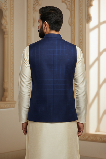 Men's Royal Blue Windowpane Check Nehru Jacket – Classic Slim Fit Ethnic Waistcoat for Weddings & Semi-Formal Events