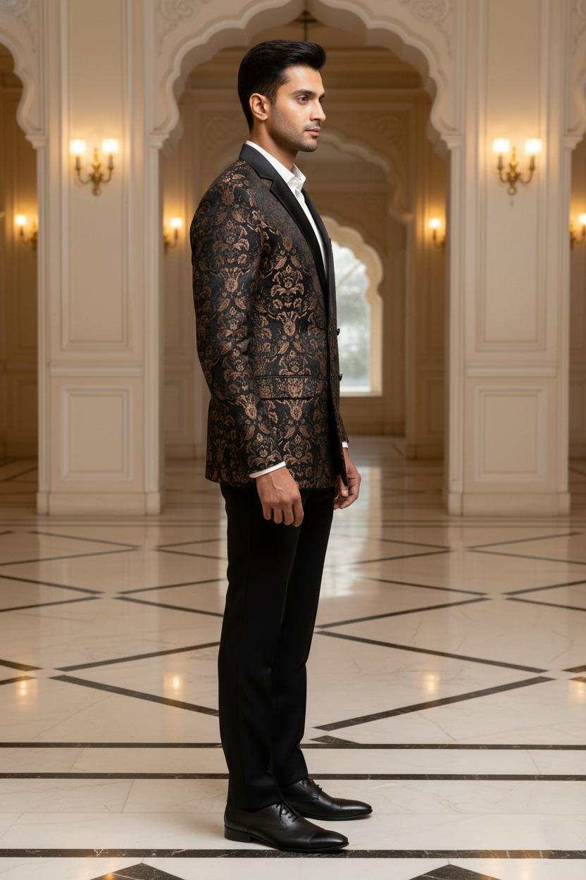 Men's Premium Black & Copper Jacquard Floral Tuxedo Blazer , Slim Fit Evening Party Wear
