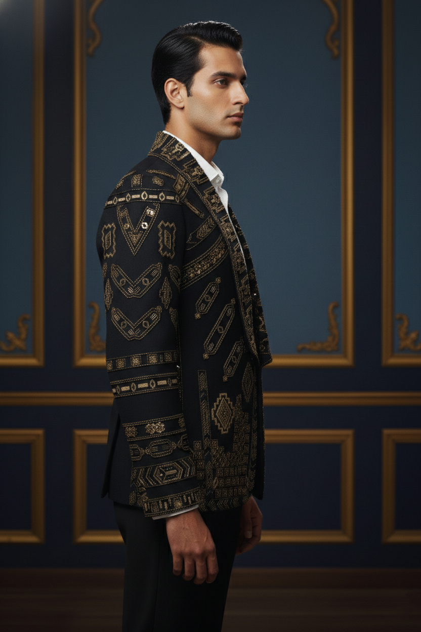 Men'sBlack & Gold Designer Embroidered Blazer