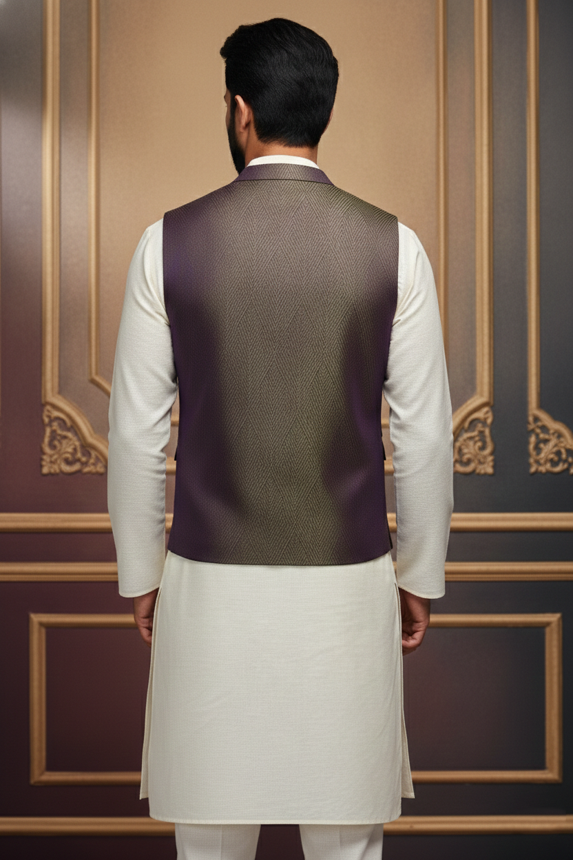 Men’s Olive & Purple Nehru Jacket with Ivory Kurta  Pajama