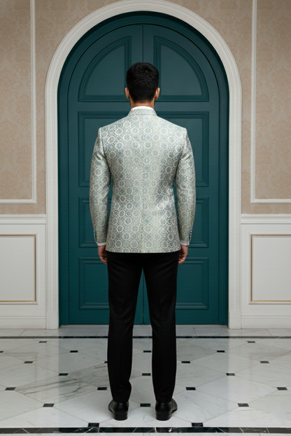Men's Luxury Silver & Ice Blue Jacquard Bandhgala , Slim Fit Jodhpur Jacket with Mandarin Collar