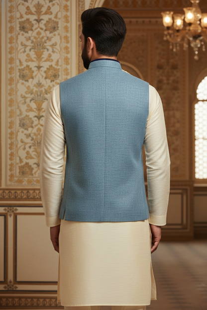 Light Blue Textured Nehru Jacket with Dark Blue  Trim & Cream Kurta Set