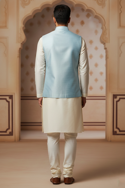 Men’s Light Blue Nehru Jacket with White Contrast Lining | Ethnic Waistcoat