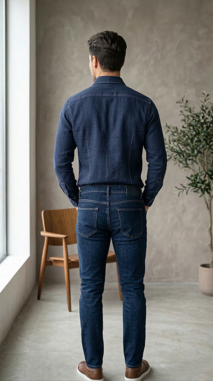 Men'sDeep Indigo Denim-Look Casual shirt with Contrast Topstitching