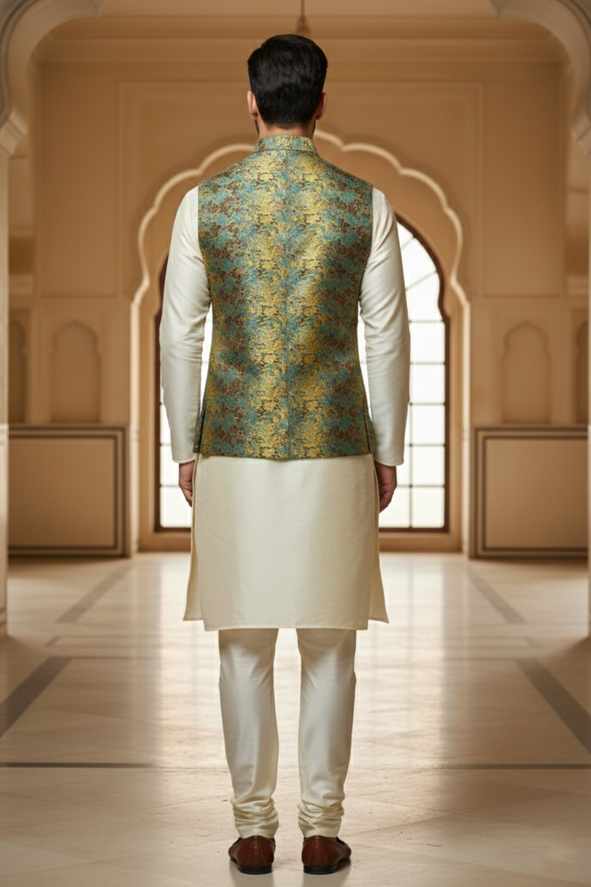 Men’s Teal Printed Nehru Jacket Kurta Pajama