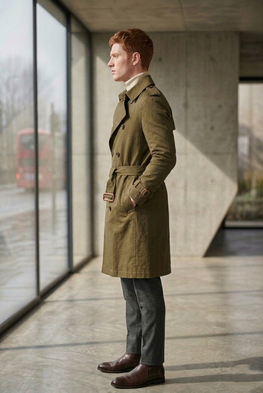 Men'sOlive Green Belted Double-Breasted Trench Coat