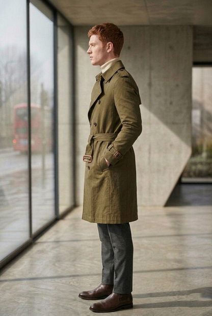 Men'sOlive Green Belted Double-Breasted Trench Coat