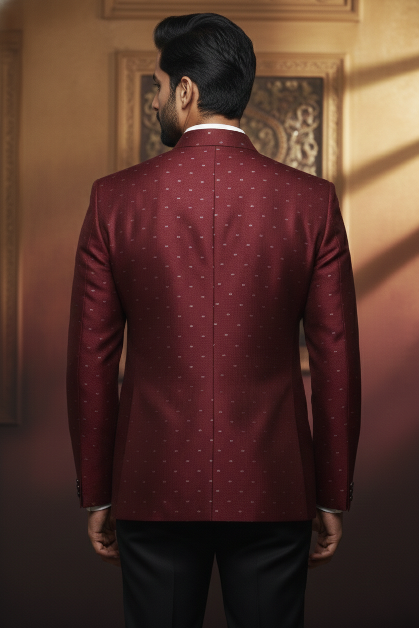 Maroon Mandarin-Collar Formal Jodhapuri with Subtle Dotted Weave