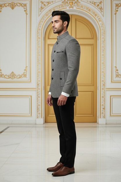 Men's Premium Grey Jacquard Jodhpuri Bandhgala Blazer