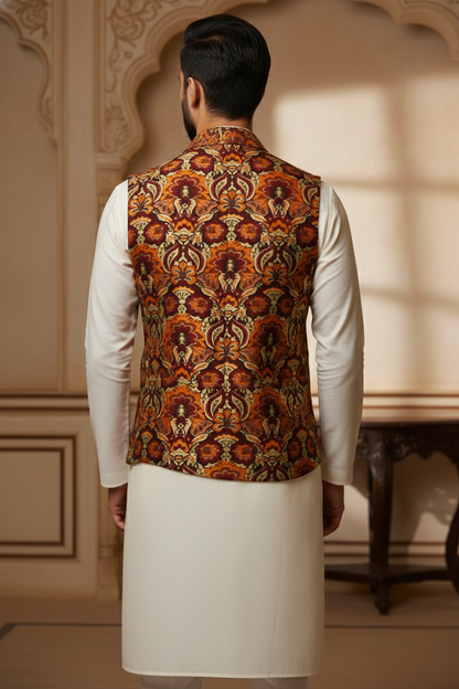 Men's Bohemian Paisley Silk Waistcoat in Earthy Rust and Gold