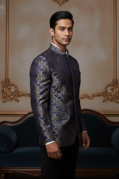 Men'sRoyal Blue & Gold Banarasi Brocade Jodhpuri Blazer , Luxury Ethnic Evening Wear