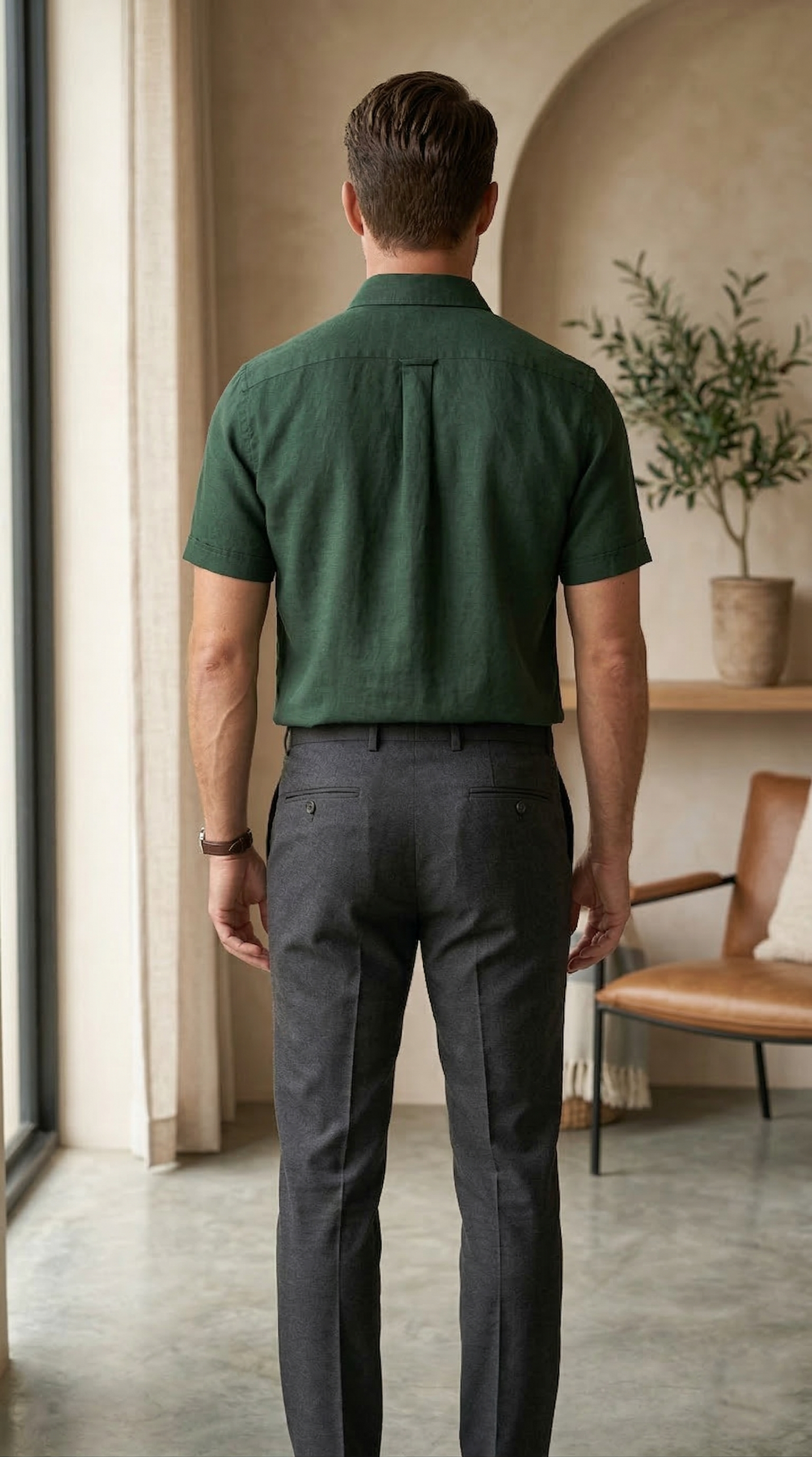 Men'sCasual Short-Sleeve Linen Shirt in Hunter Green