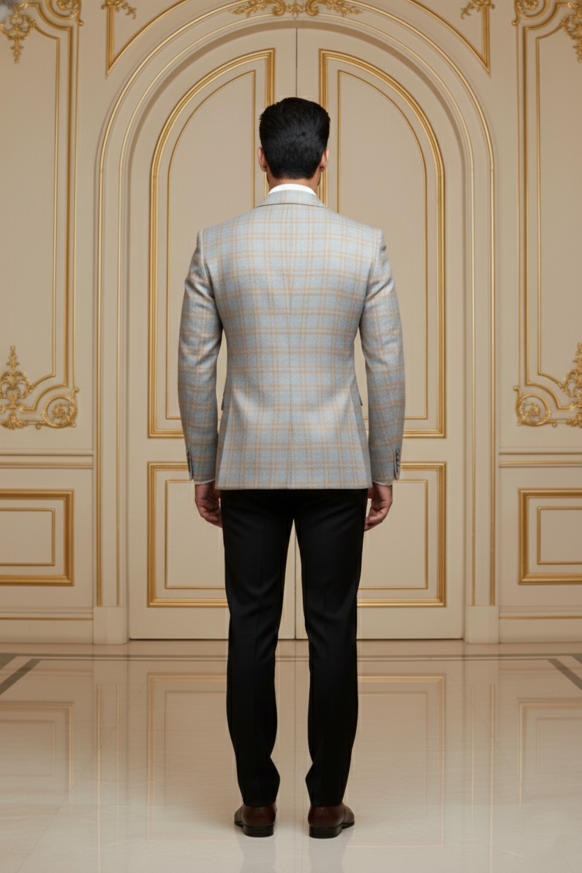 Men's Premium Beige & Gold Jacquard Checkered Blazer
