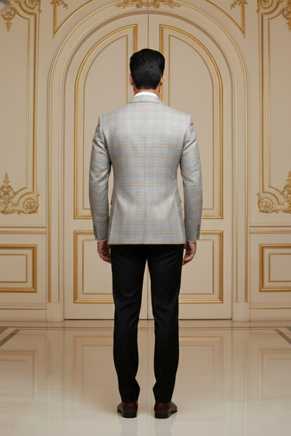 Men's Premium Beige & Gold Jacquard Checkered Blazer