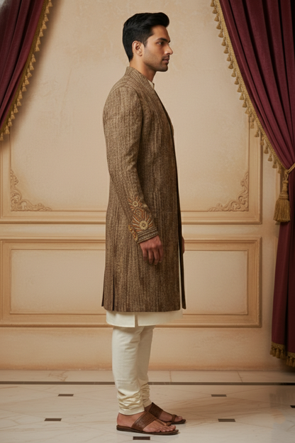 Brown Sherwani with Gold Detailing
