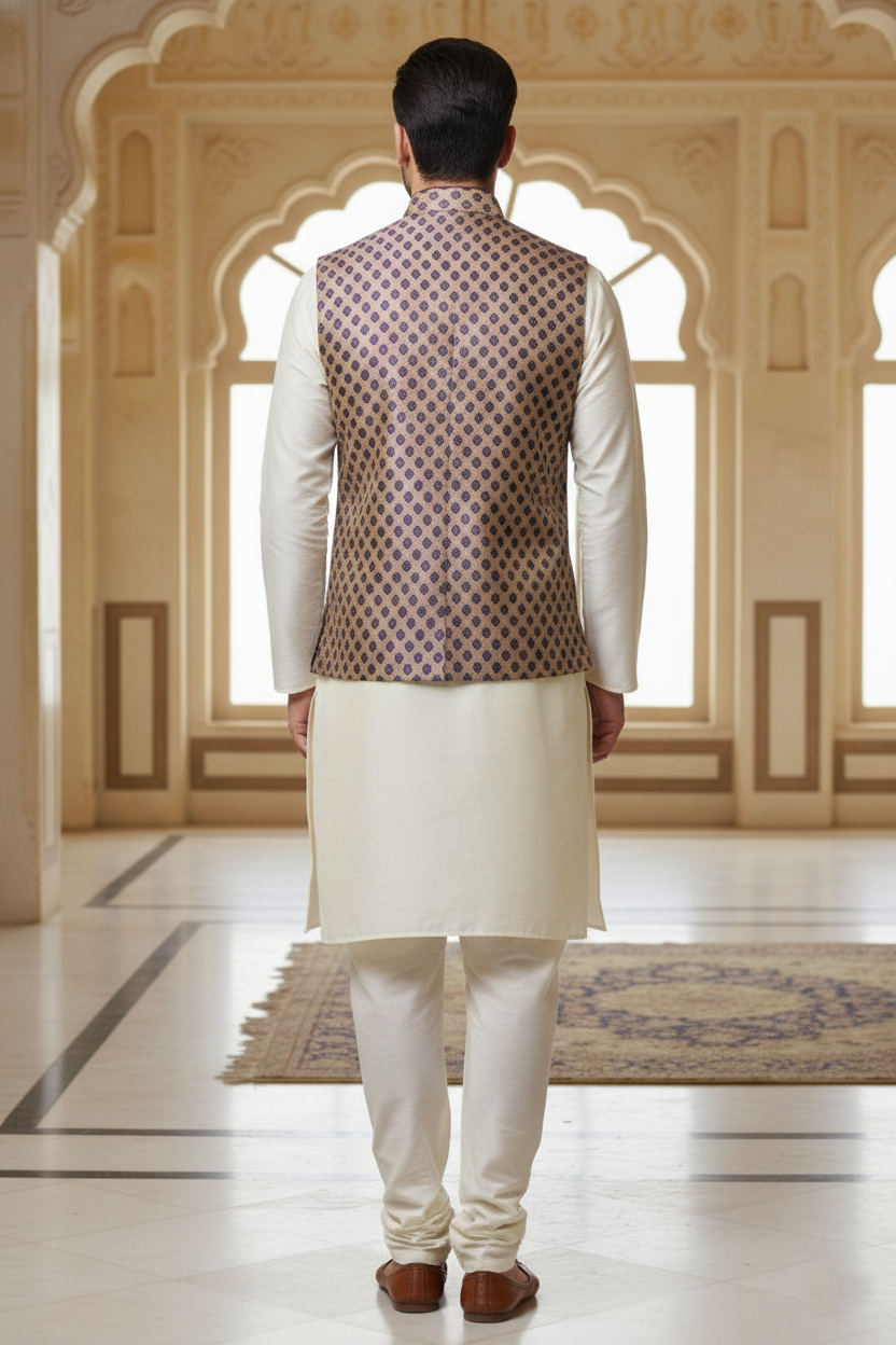 Men’s Purple Printed Nehru Jacket Kurta  Pajama