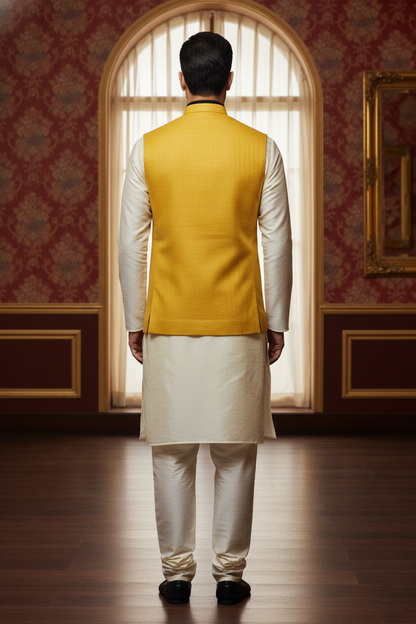 Men’s Yellow Nehru Jacket with Black Piping | Designer Ethnic Waistcoat