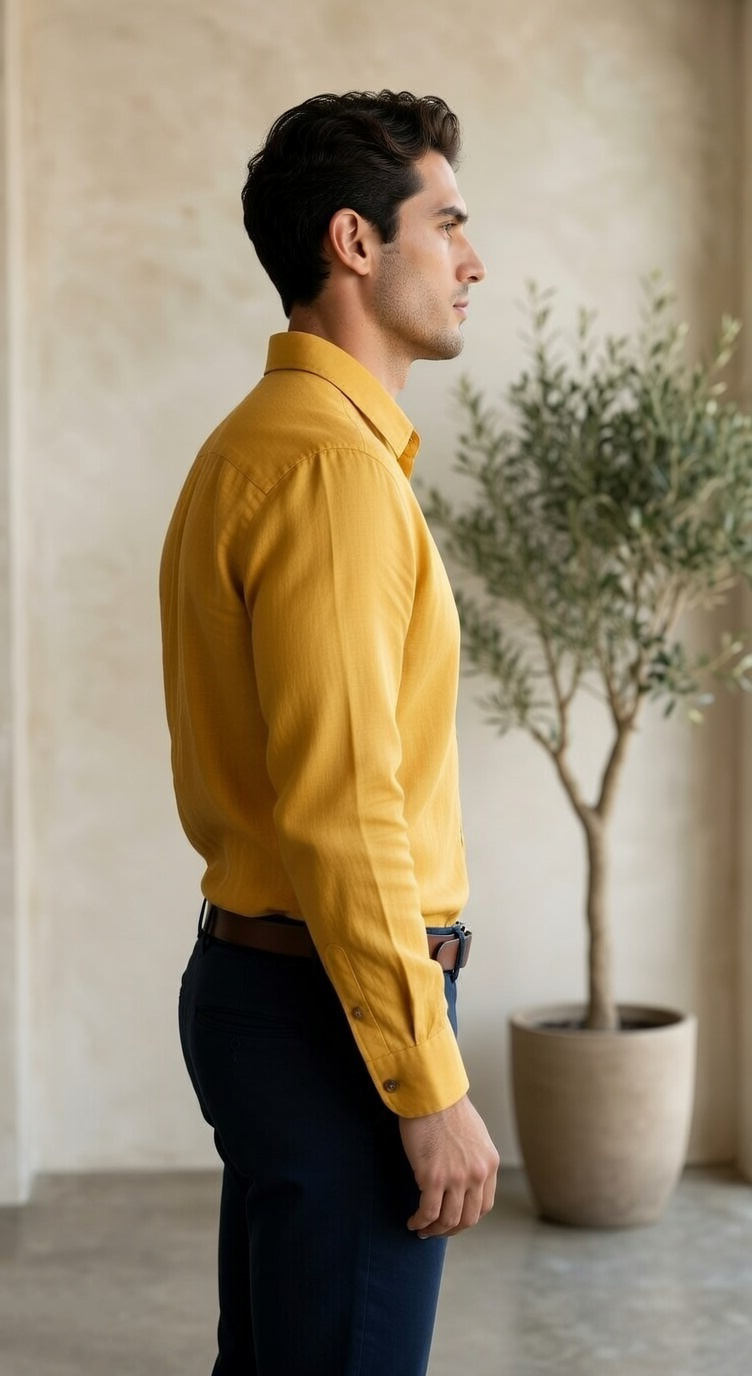 Men'sCasual Long-Sleeve Linen-Blend Shirt in Mustard Gold