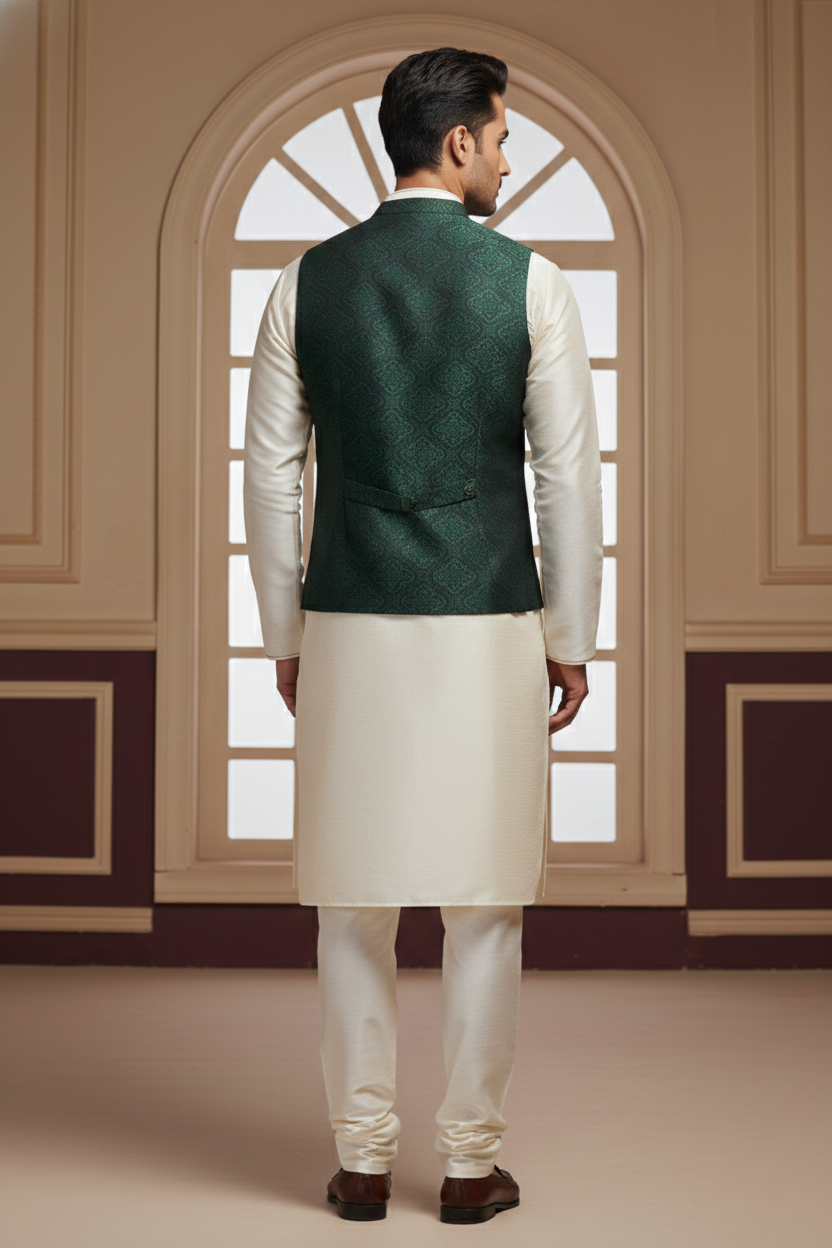 Men’s Dark Green Jacquard Silk Waistcoat with Notch Lapel | Slim Fit Festive Vest