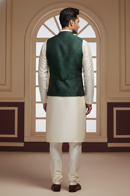 Men’s Dark Green Jacquard Silk Waistcoat with Notch Lapel | Slim Fit Festive Vest