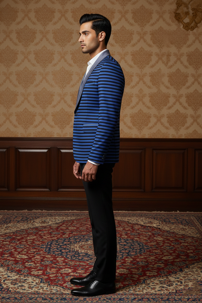 Men'sSlim-Fit Blue & Black Horizontal Striped Blazer , Modern Statement Tuxedo Jacket with Satin Shawl Lapel