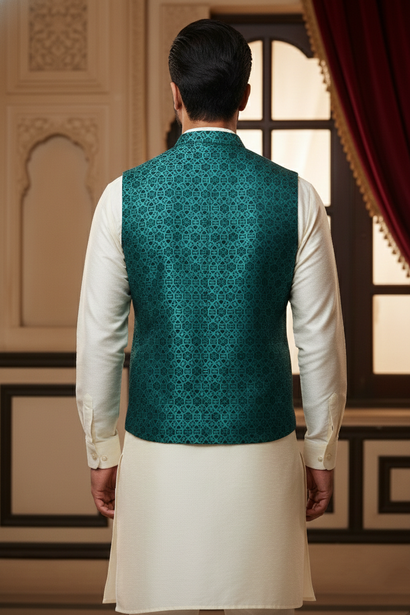 Men's Teal Blue Geometric Jacquard Nehru Jacket – Premium Silk Blend Ethnic Waistcoat with Modern Notched Lapel