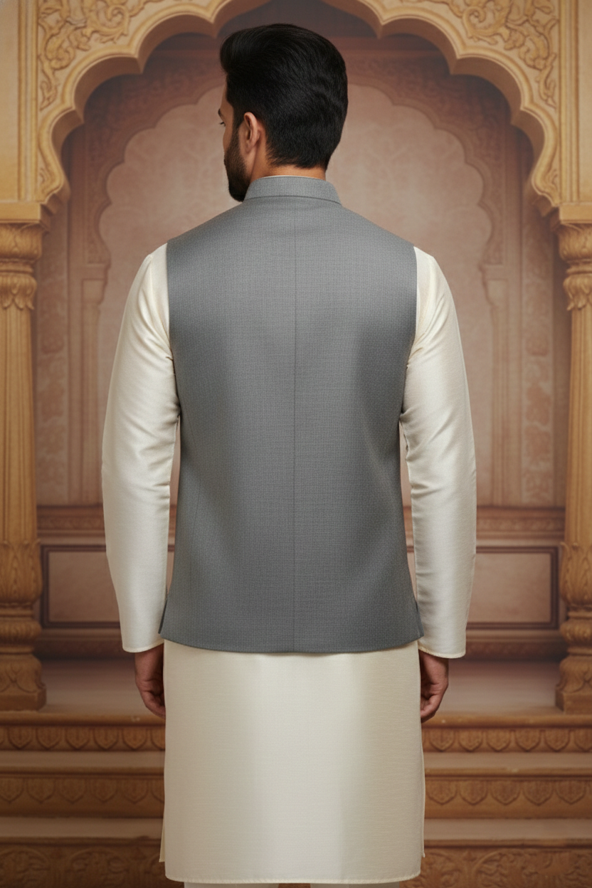 Classic Grey Textured Nehru Jacket with Cream  Kurta Set
