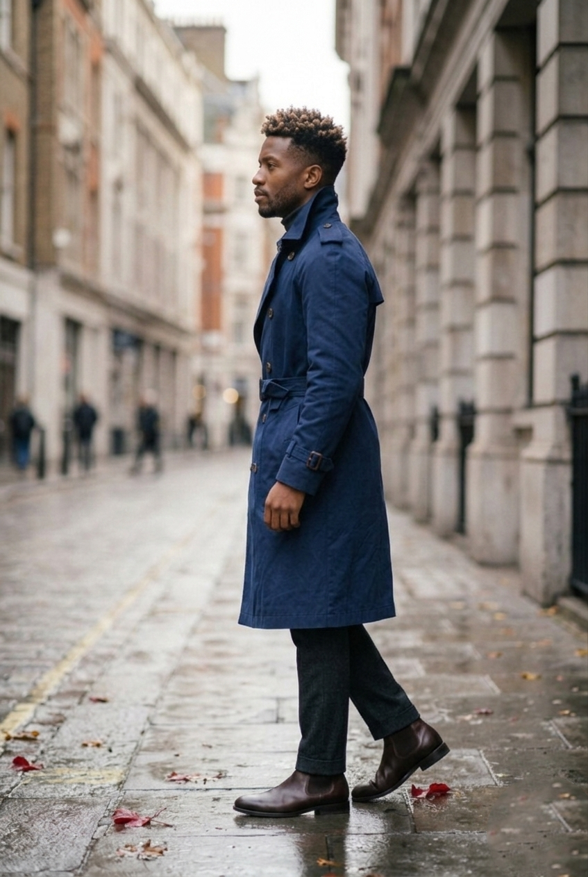 Men's Navy Double-Breasted Long Trench Coat