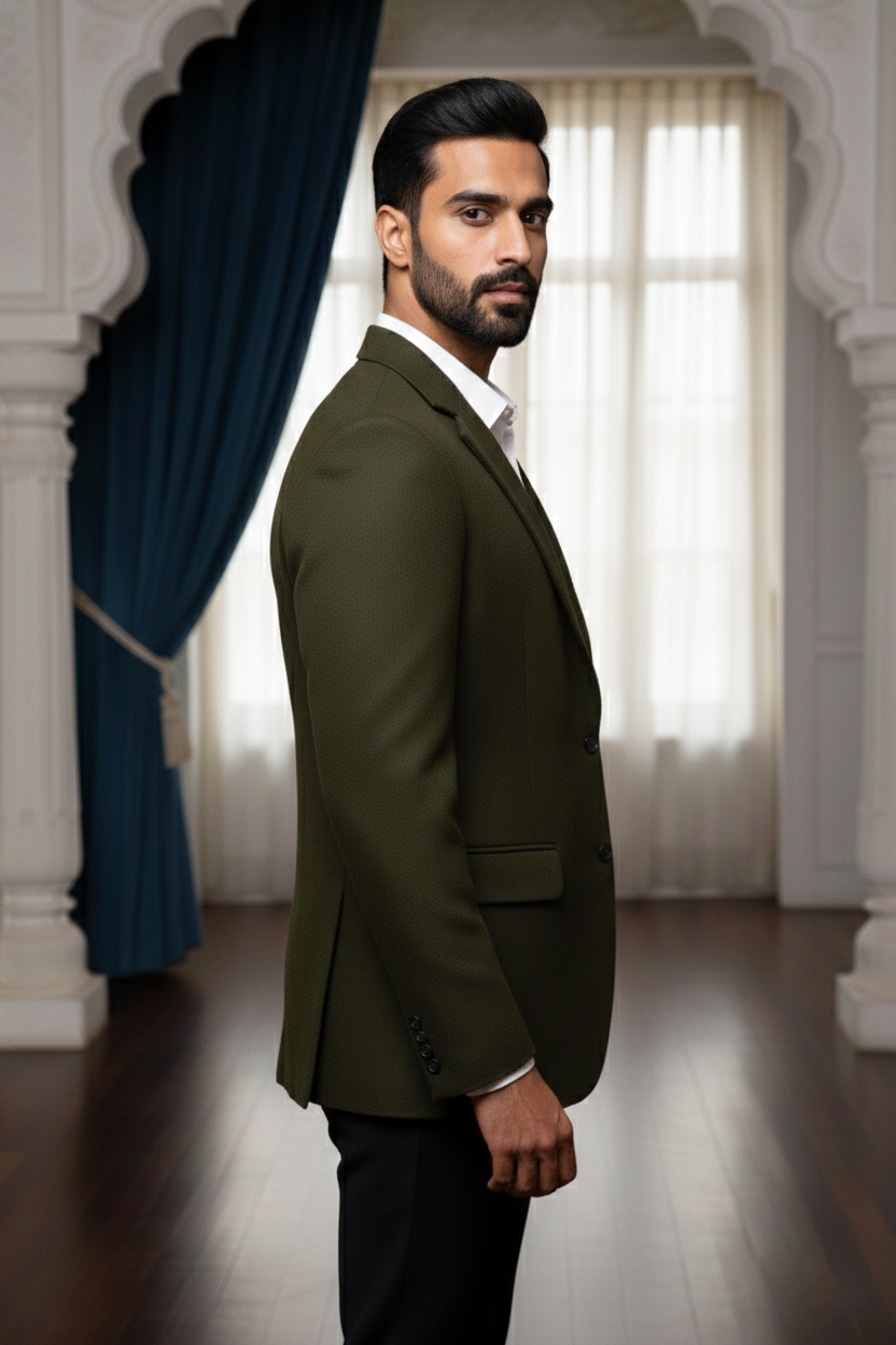 Men'sOlive Green Textured Single-Button Blazer