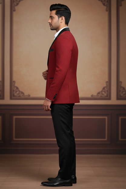 Men's Maroon Textured Jacquard Tuxedo Blazer