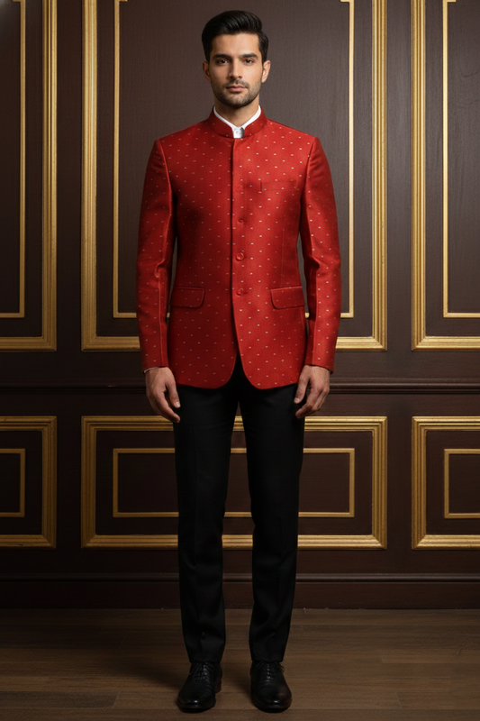 Men's Premium Red Jacquard Silk Bandhgala Blazer , Ethnic Jodhpuri Suit Jacket for Weddings & Formal Occasions
