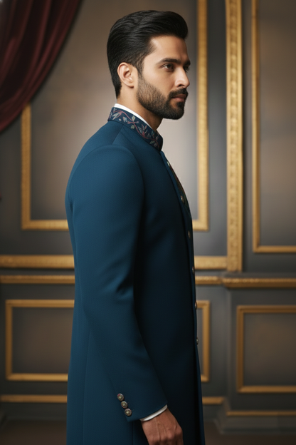Midnight Blue Embroidered High-Collar Kurta Jacket